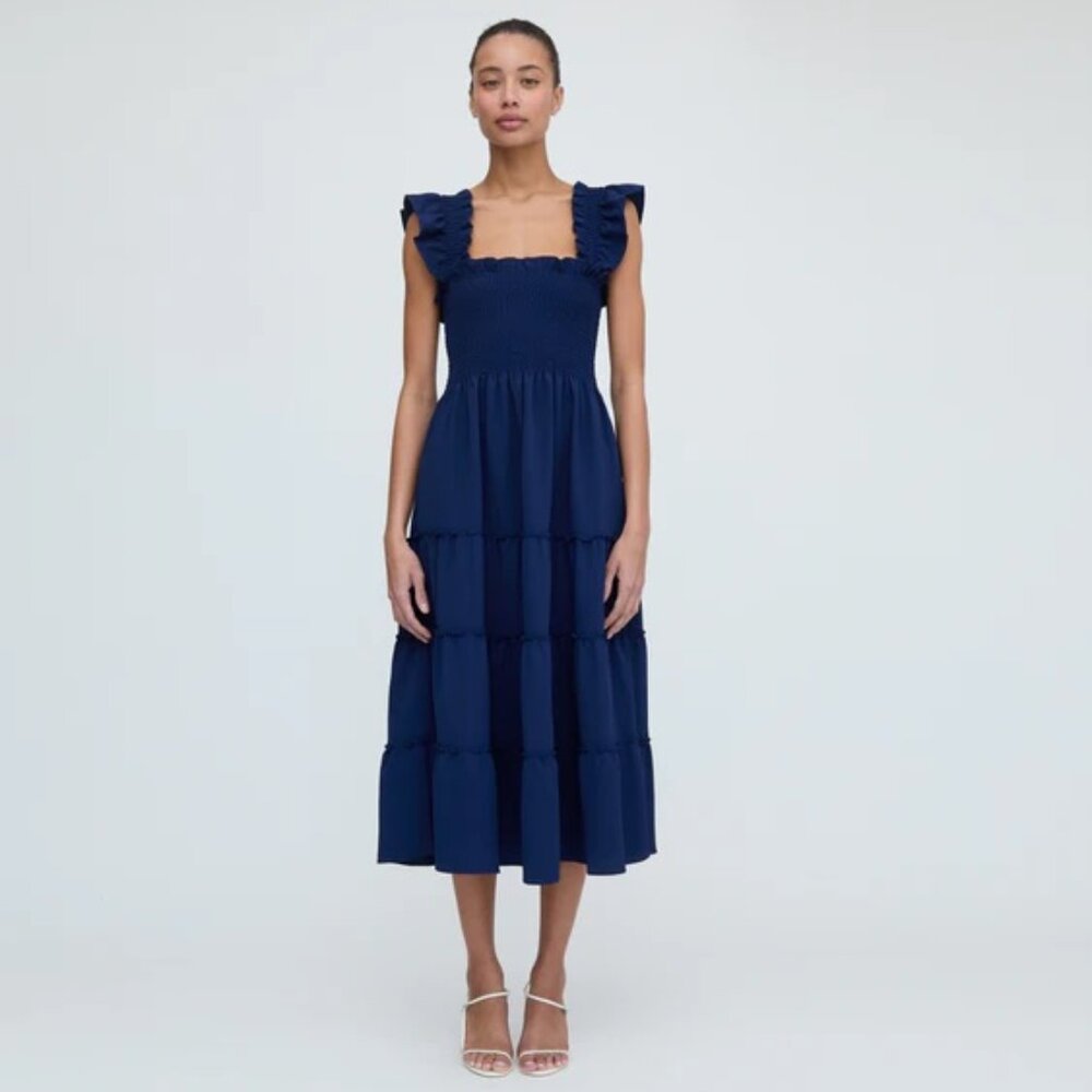 Hill House Navy Blue Ruffle-Sleeve Midi Dress